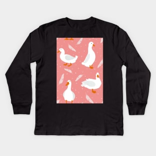 White Pekin Ducks with feathers and dots repeat pattern Kids Long Sleeve T-Shirt